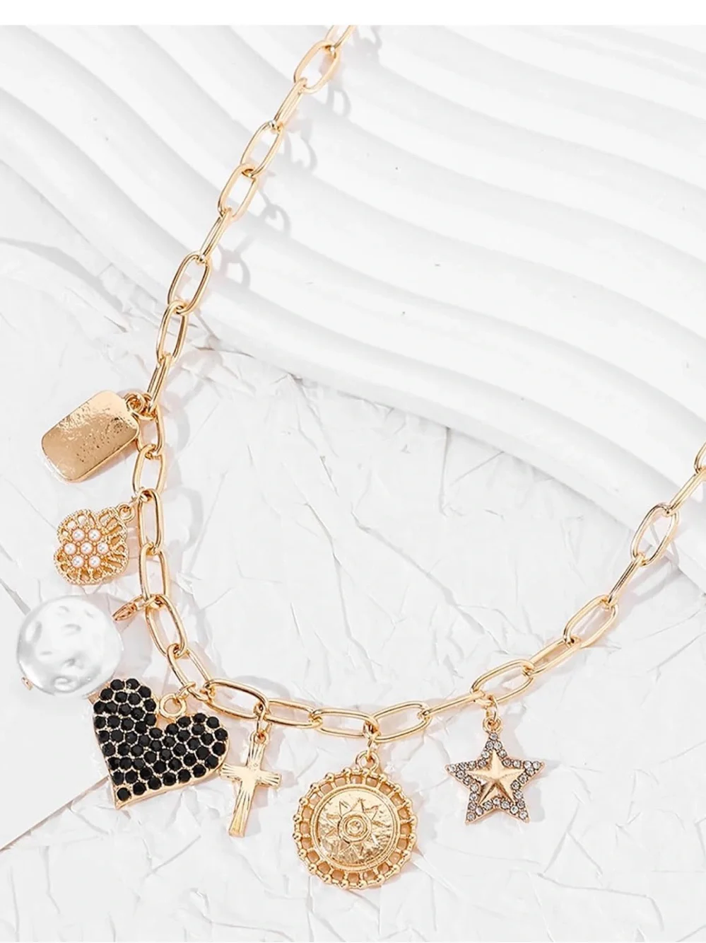 Anthropologie Gold Charm Necklace with Black Heart and Pearl